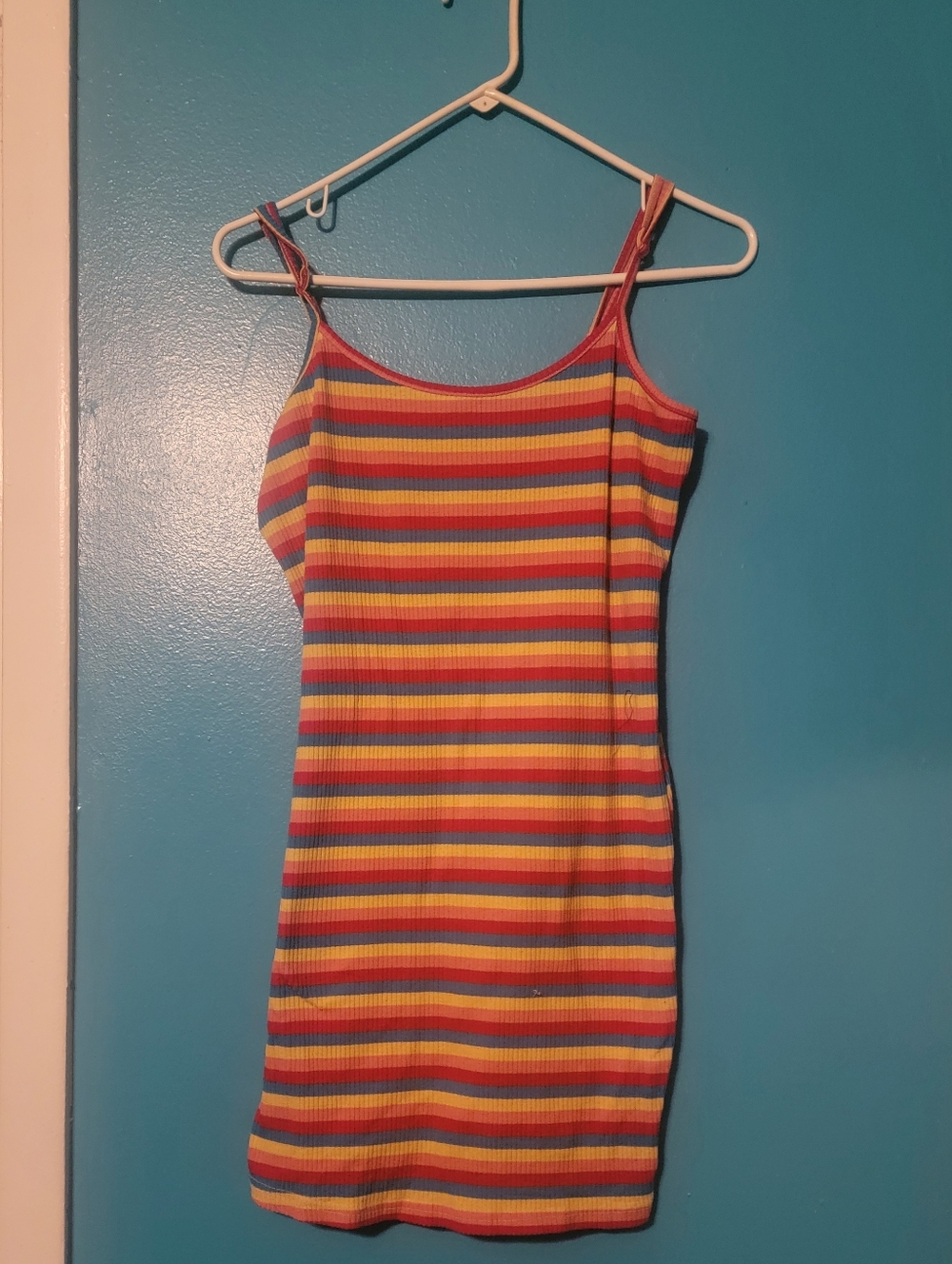 SHEIN Rainbow Striped Ribbed Mini Dress in Red, Yellow & Blue